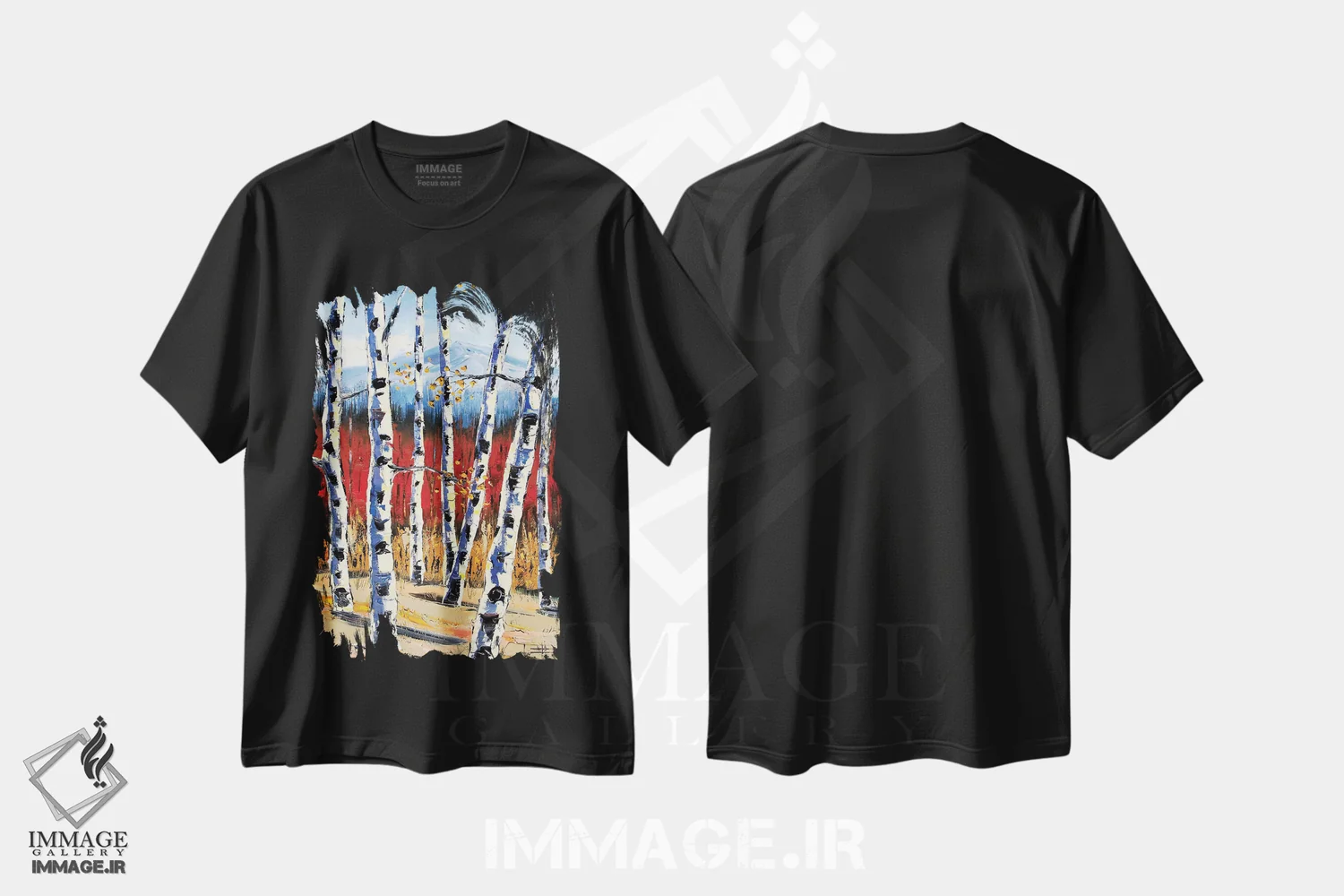 تیشرت مشکی طرح دار منظره توس، دکور کلبه و لژ اثر لیزا الی | immage.ir