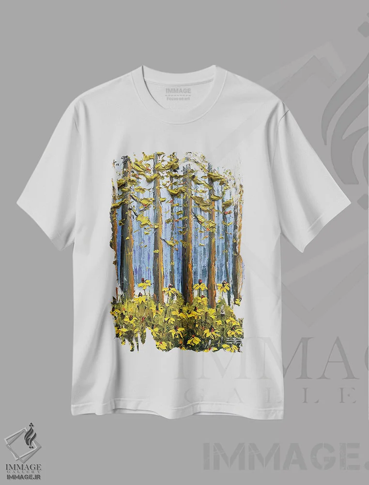 تیشرت سفید طرح دار گل های وحشی در یوسمیتی، هنر فاخر معاصر اثر لیزا الی | فروشگاه ایماژ