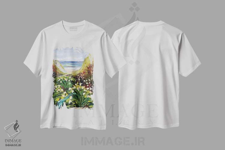 تیشرت سفید طرح دار زنبق های بیگ سور ۳، هنر فاخر معاصر اثر لیزا الی | فروشگاه ایماژ