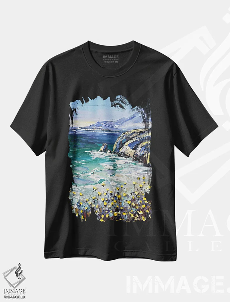 تیشرت مشکی طرح دار اقیانوس آرام آبی و پرنسیم، دکور ساحلی اثر لیزا الی | فروشگاه ایماژ