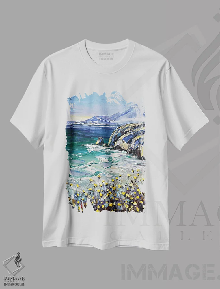 تیشرت سفید طرح دار اقیانوس آرام آبی و پرنسیم، دکور ساحلی اثر لیزا الی | immage.ir
