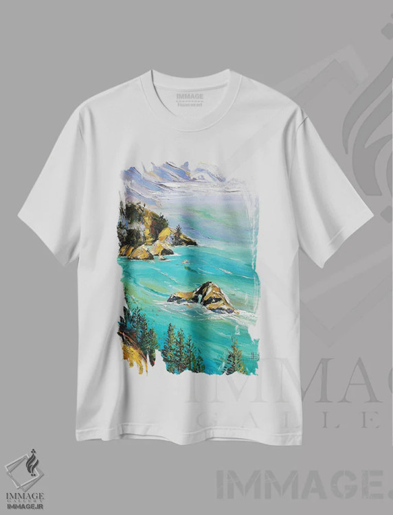 تیشرت سفید طرح دار جذابیت در ساحل، دکور معاصر اثر لیزا الی | فروشگاه ایماژ