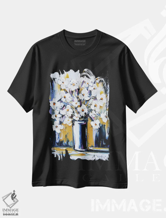 تیشرت مشکی طرح دار ظرافت بهار، دکور معاصر اثر لیزا الی | فروشگاه ایماژ