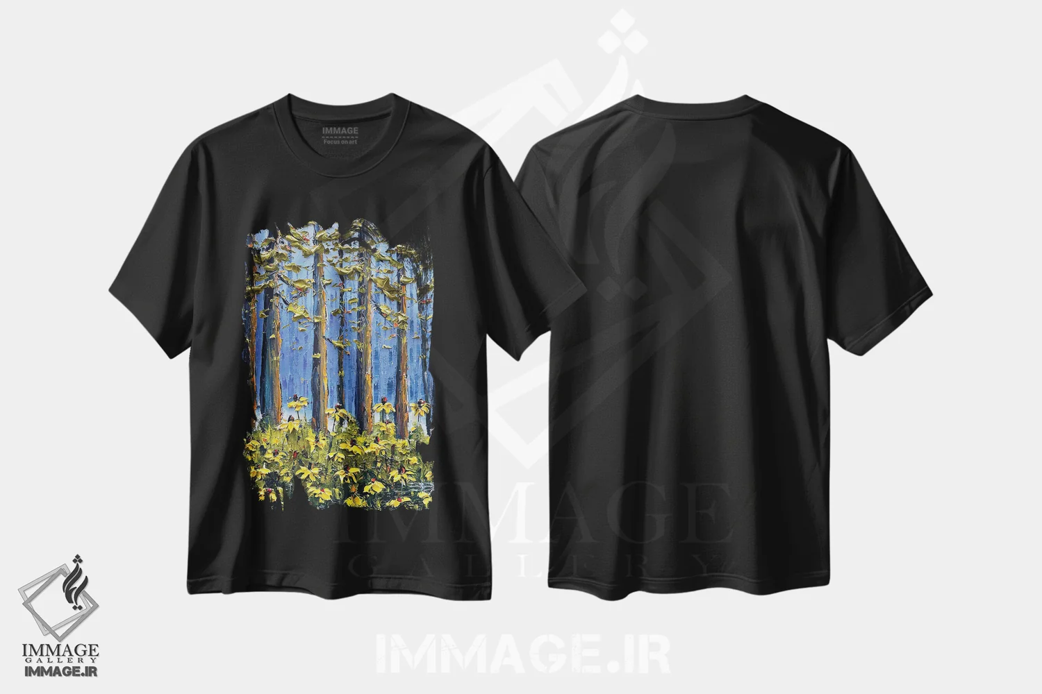 تیشرت مشکی طرح دار ردوودها و گل های وحشی، دکور معاصر اثر لیزا الی | فروشگاه ایماژ
