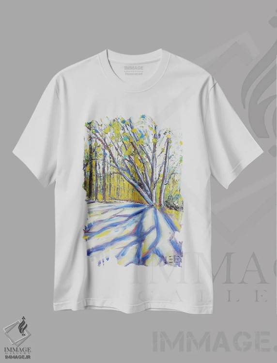 تیشرت سفید طرح دار بلوط های سیاه منطقهٔ خلیج با نور لکه لکه، دکور معاصر اثر لیزا الی | فروشگاه ایماژ