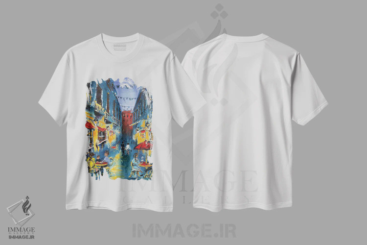 تیشرت سفید طرح دار یک عصر در ایتالیا، دکور معاصر اثر لیزا الی | فروشگاه ایماژ