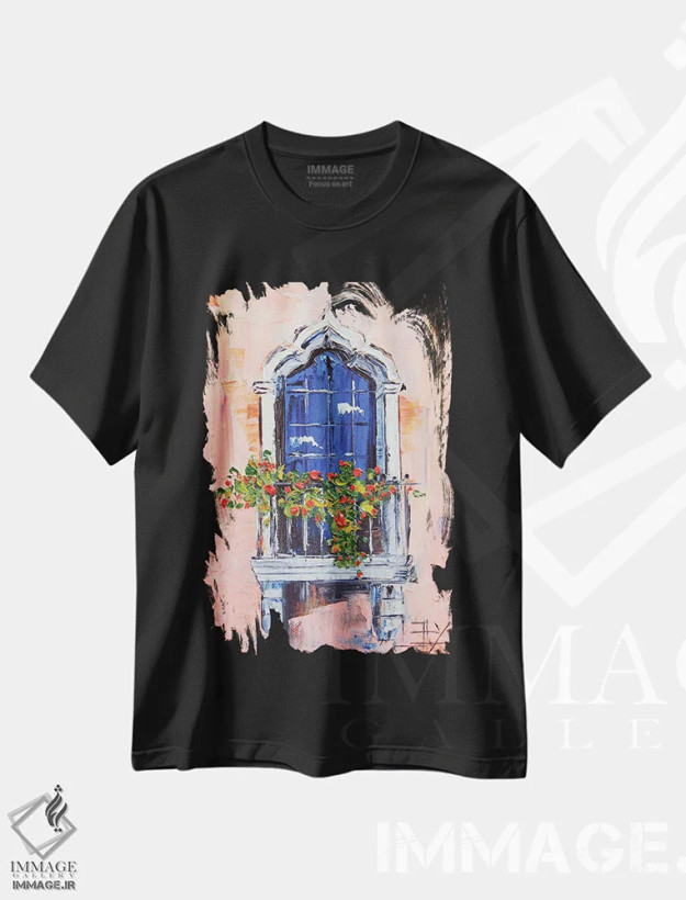 تیشرت مشکی طرح دار پنجره عربی، دکور معاصر اثر لیزا الی | فروشگاه ایماژ