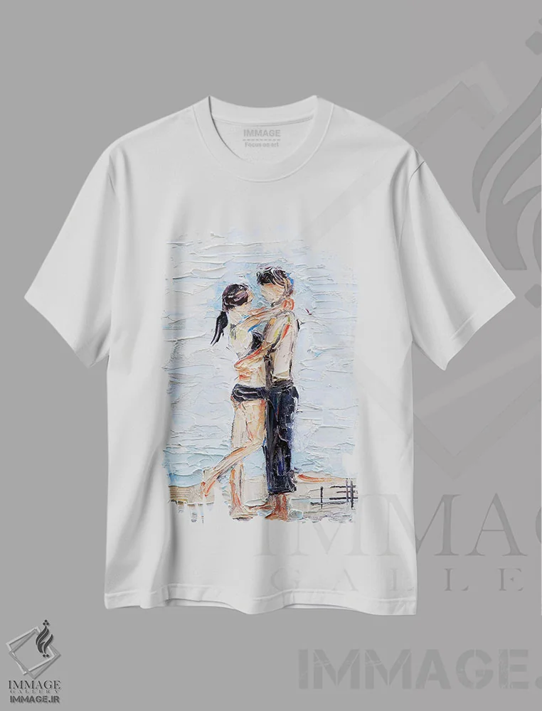 تیشرت سفید طرح دار دختر انتزاعی در ساحل، هنر فاخر معاصر اثر لیزا الی | فروشگاه ایماژ