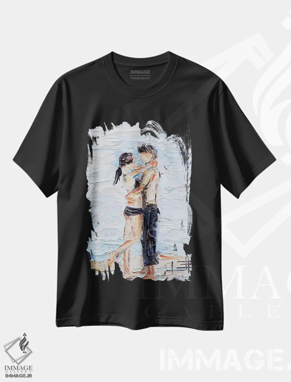 تیشرت مشکی طرح دار دختر انتزاعی در ساحل، هنر فاخر معاصر اثر لیزا الی | immage.ir
