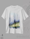 تیشرت سفید طرح دار جنگل باریک درختان توس، دکور معاصر اثر لیزا الی | فروشگاه ایماژ