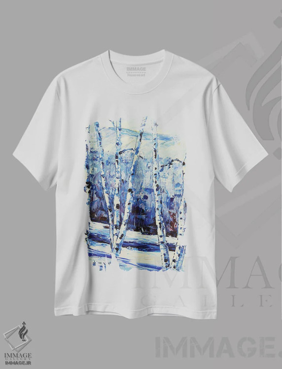 تیشرت سفید طرح دار درختان توس برفی زمستانی، دکور معاصر اثر لیزا الی | immage.ir