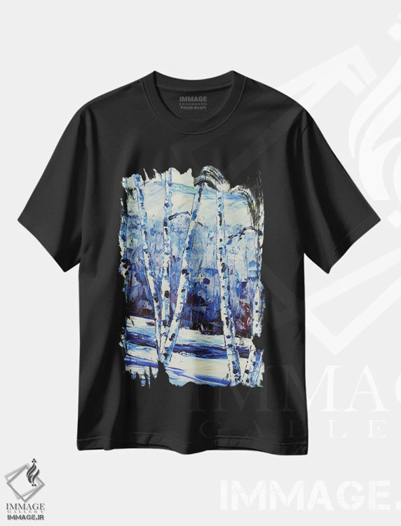 تیشرت مشکی طرح دار درختان توس برفی زمستانی، دکور معاصر اثر لیزا الی | فروشگاه ایماژ