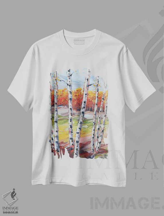تیشرت سفید طرح دار جنگل پرطراوت توس ها، دکور معاصر اثر لیزا الی | فروشگاه ایماژ