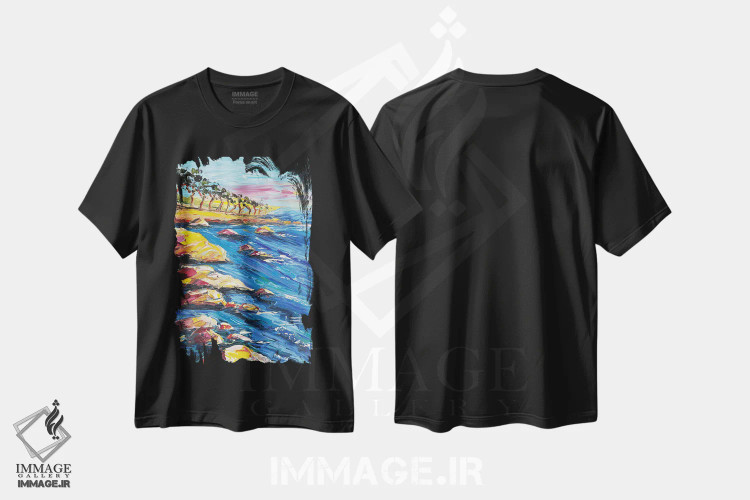 تیشرت مشکی طرح دار غروب کنار سروهای ساحلی، دکور ساحلی اثر لیزا الی | فروشگاه ایماژ