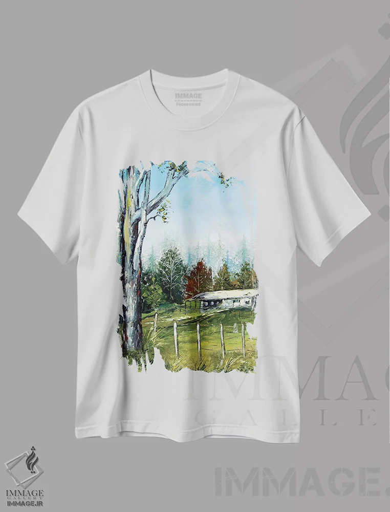 تیشرت سفید طرح دار مزرعه در نیوزیلند، دکور معاصر اثر لیزا الی | فروشگاه ایماژ