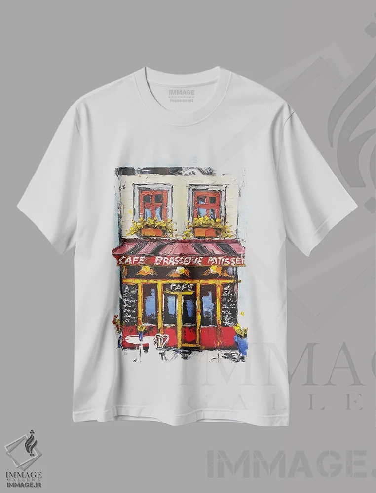 تیشرت سفید طرح دار کافه براسری در مون مارتر پاریس، دکور معاصر اثر لیزا الی | فروشگاه ایماژ