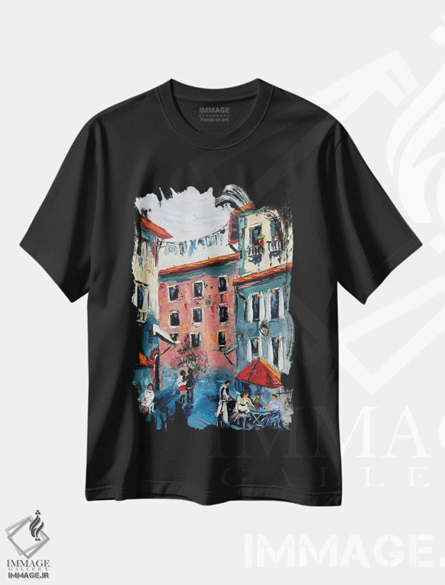 تیشرت مشکی طرح دار صرف غذا در فضای باز ایتالیا، دکور معاصر اثر لیزا الی | فروشگاه ایماژ