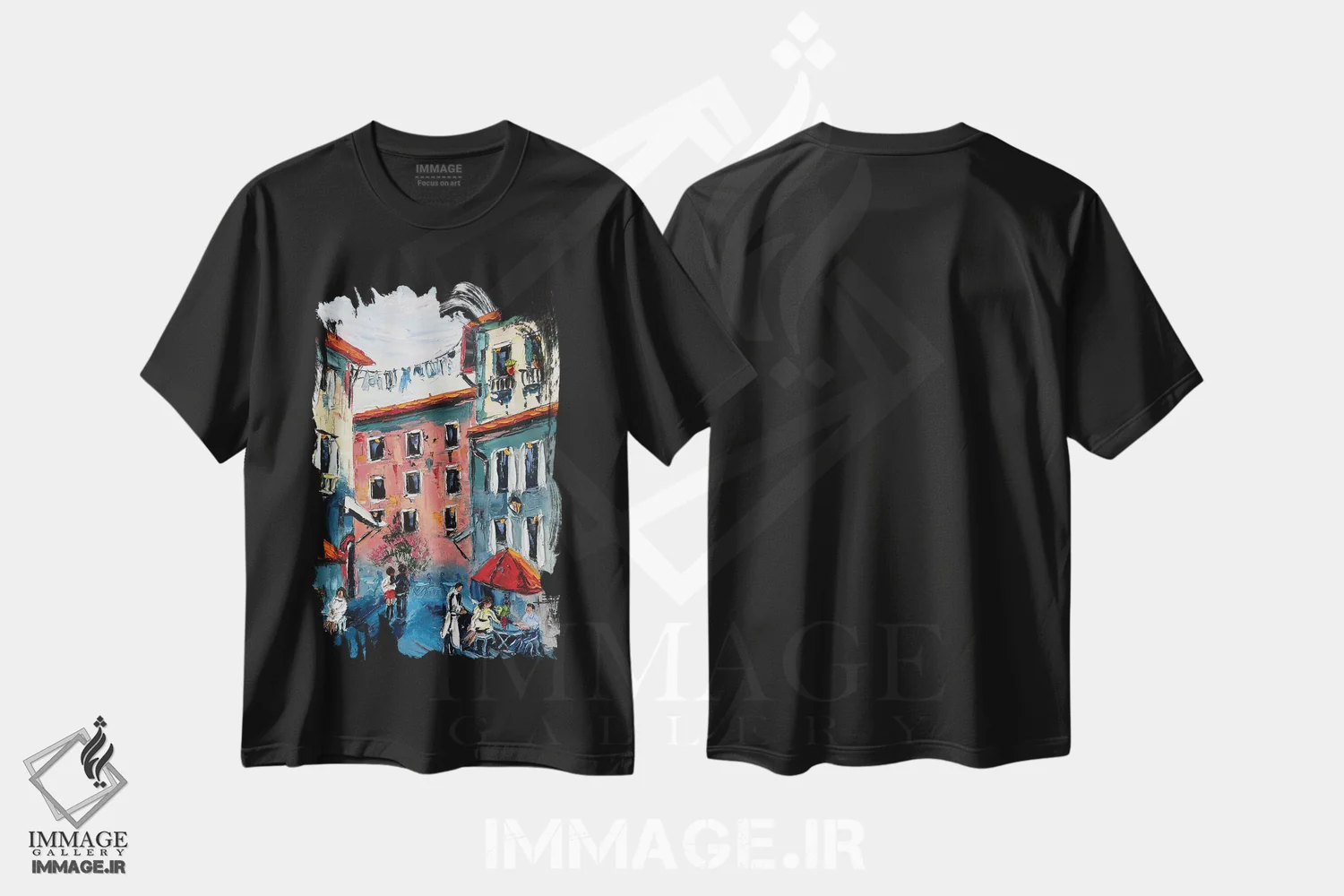 تیشرت مشکی طرح دار صرف غذا در فضای باز ایتالیا، دکور معاصر اثر لیزا الی | فروشگاه ایماژ