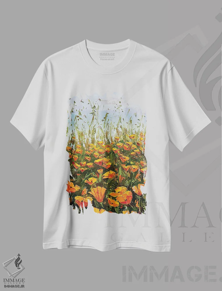تیشرت سفید طرح دار شقایق های شاعرانه I، دکور معاصر اثر لیزا الی | فروشگاه ایماژ
