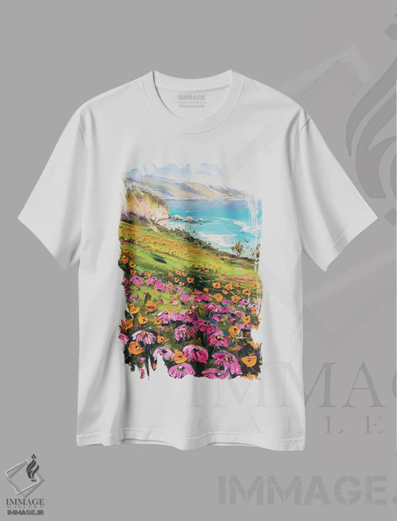 تیشرت سفید طرح دار گل های بیگ سور، دکور معاصر اثر لیزا الی | فروشگاه ایماژ