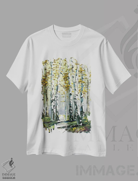 تیشرت سفید طرح دار درختان توس طلایی پاییزی، دکور کلبه و لژ اثر لیزا الی | فروشگاه ایماژ