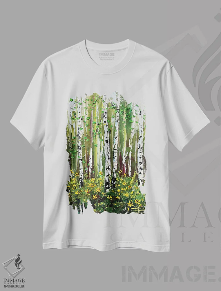 تیشرت سفید طرح دار درختان توس پاییزی "اجاره تابستان"، دکور کلبه و لژ اثر لیزا الی | immage.ir