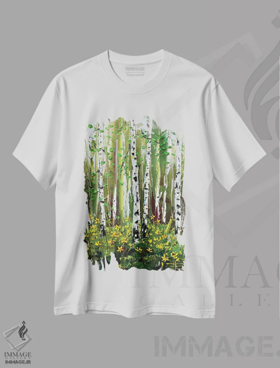 تیشرت سفید طرح دار درختان توس پاییزی "اجاره تابستان"، دکور کلبه و لژ اثر لیزا الی | immage.ir