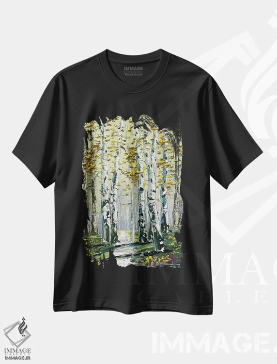 تیشرت مشکی طرح دار درختان توس طلایی پاییزی، دکور کلبه و لژ اثر لیزا الی | immage.ir