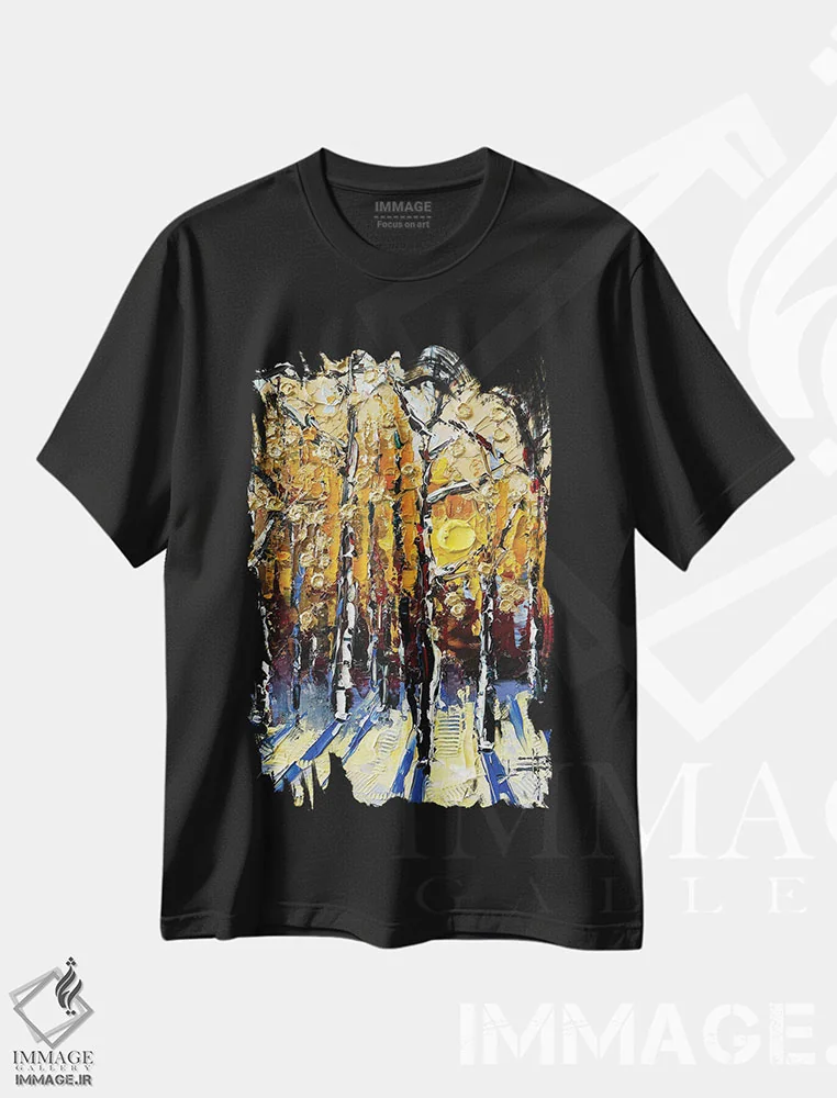 تیشرت مشکی طرح دار سایه های پاییزی، دکور معاصر اثر لیزا الی | فروشگاه ایماژ