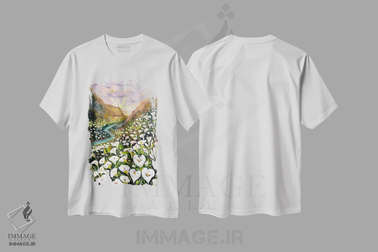 تیشرت سفید طرح دار درهٔ گل کالالاله، هنر فاخر معاصر اثر لیزا الی | فروشگاه ایماژ