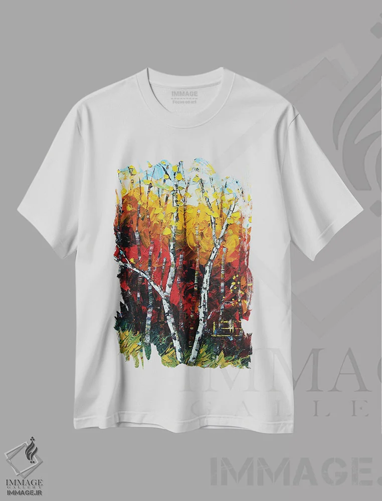 تیشرت سفید طرح دار پاییز درخت غان، آبستره اثر لیزا الی | immage.ir