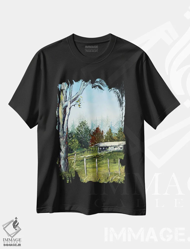 تیشرت مشکی طرح دار مزرعه ای در نیوزیلند با درختان اکالیپتوس، آبستره اثر لیزا الی | فروشگاه ایماژ