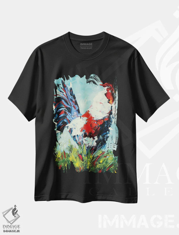تیشرت مشکی طرح دار خروس، هنر فاخر معاصر اثر لیزا الی | فروشگاه ایماژ