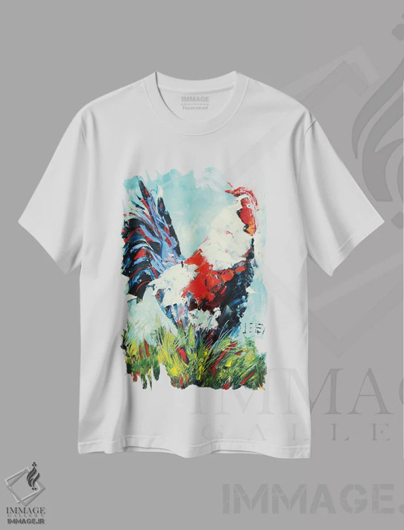 تیشرت سفید طرح دار خروس، هنر فاخر معاصر اثر لیزا الی | immage.ir