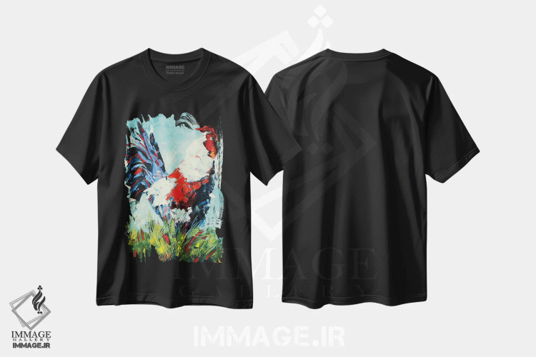 تیشرت مشکی طرح دار خروس، هنر فاخر معاصر اثر لیزا الی | فروشگاه ایماژ
