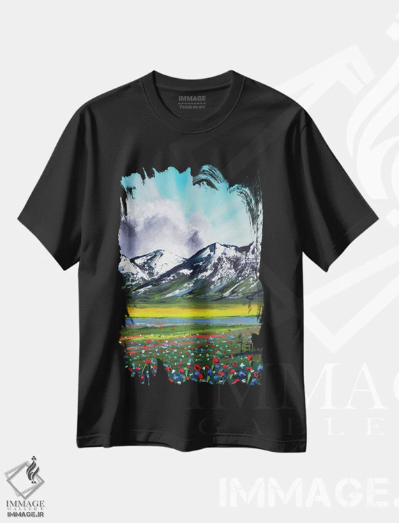 تیشرت مشکی طرح دار گل های وحشی کوهستانی، آبستره اثر لیزا الی | فروشگاه ایماژ