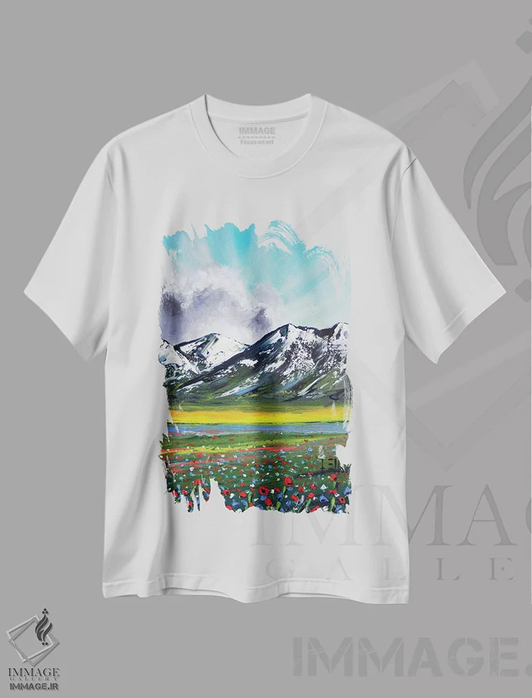 تیشرت سفید طرح دار گل های وحشی کوهستانی، آبستره اثر لیزا الی | immage.ir