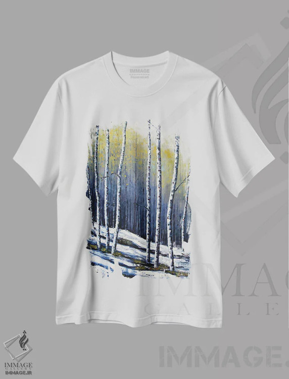 تیشرت سفید طرح دار درخت غان زمستانی، آبستره اثر لیزا الی | فروشگاه ایماژ