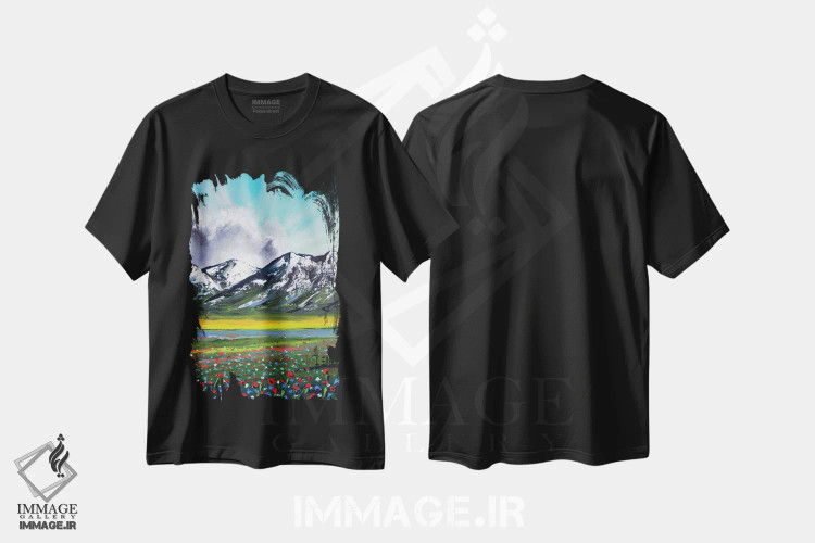 تیشرت مشکی طرح دار گل های وحشی کوهستانی، آبستره اثر لیزا الی | فروشگاه ایماژ
