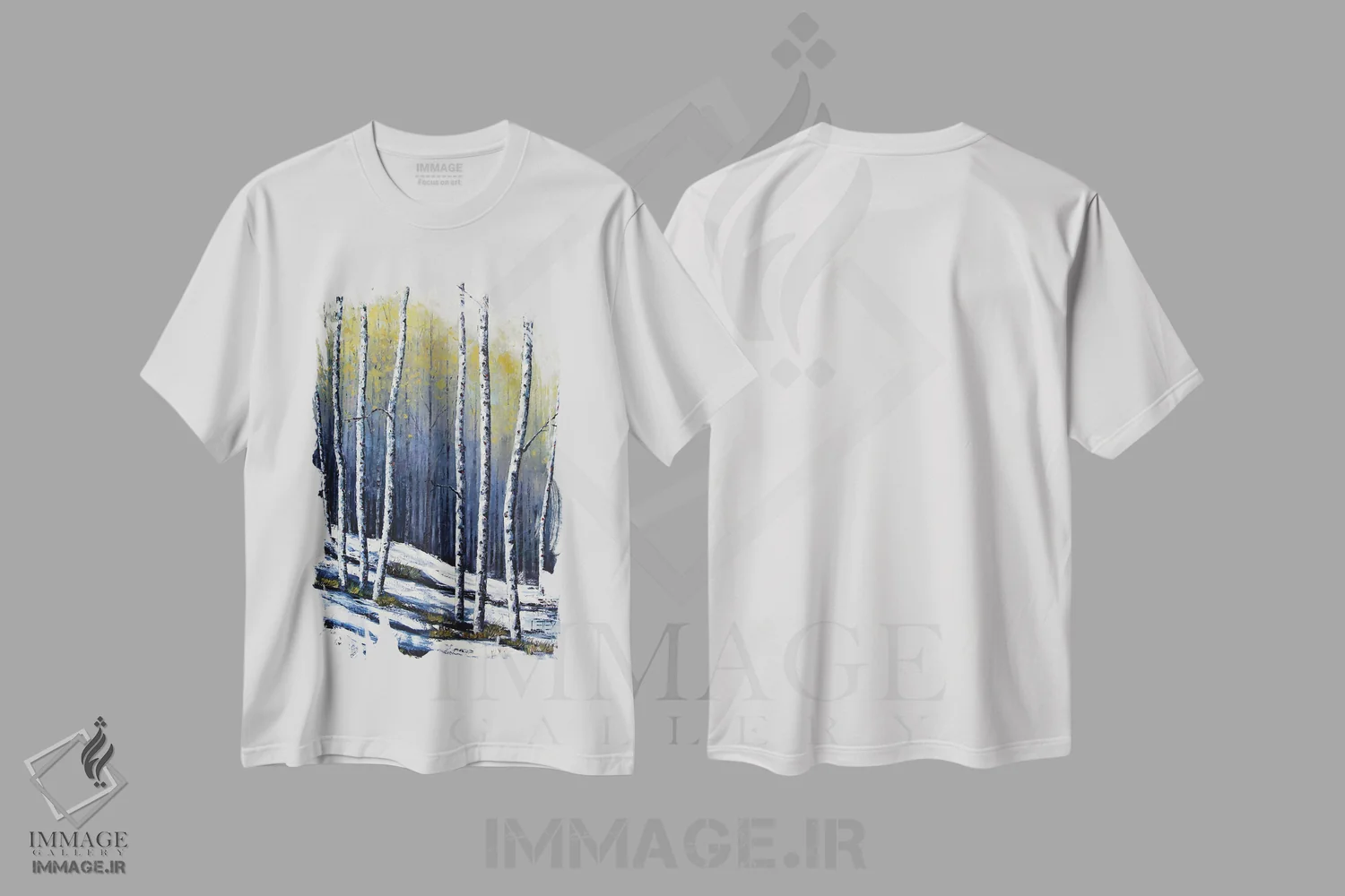 تیشرت سفید طرح دار درخت غان زمستانی، آبستره اثر لیزا الی | فروشگاه ایماژ