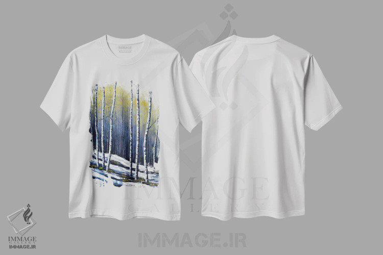 تیشرت سفید طرح دار درخت غان زمستانی، آبستره اثر لیزا الی | فروشگاه ایماژ