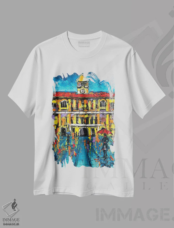 تیشرت سفید طرح دار ساختمان اسکلهٔ سان فرانسیسکو، هنر فاخر معاصر اثر لیزا الی | فروشگاه ایماژ