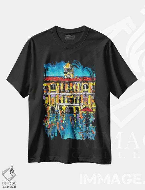 تیشرت مشکی طرح دار ساختمان اسکلهٔ سان فرانسیسکو، هنر فاخر معاصر اثر لیزا الی | immage.ir