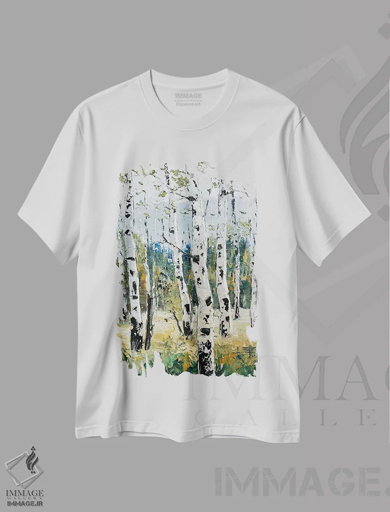 تیشرت سفید طرح دار بیشهٔ اثیری، دکور کلبه و لژ اثر لیزا الی | فروشگاه ایماژ