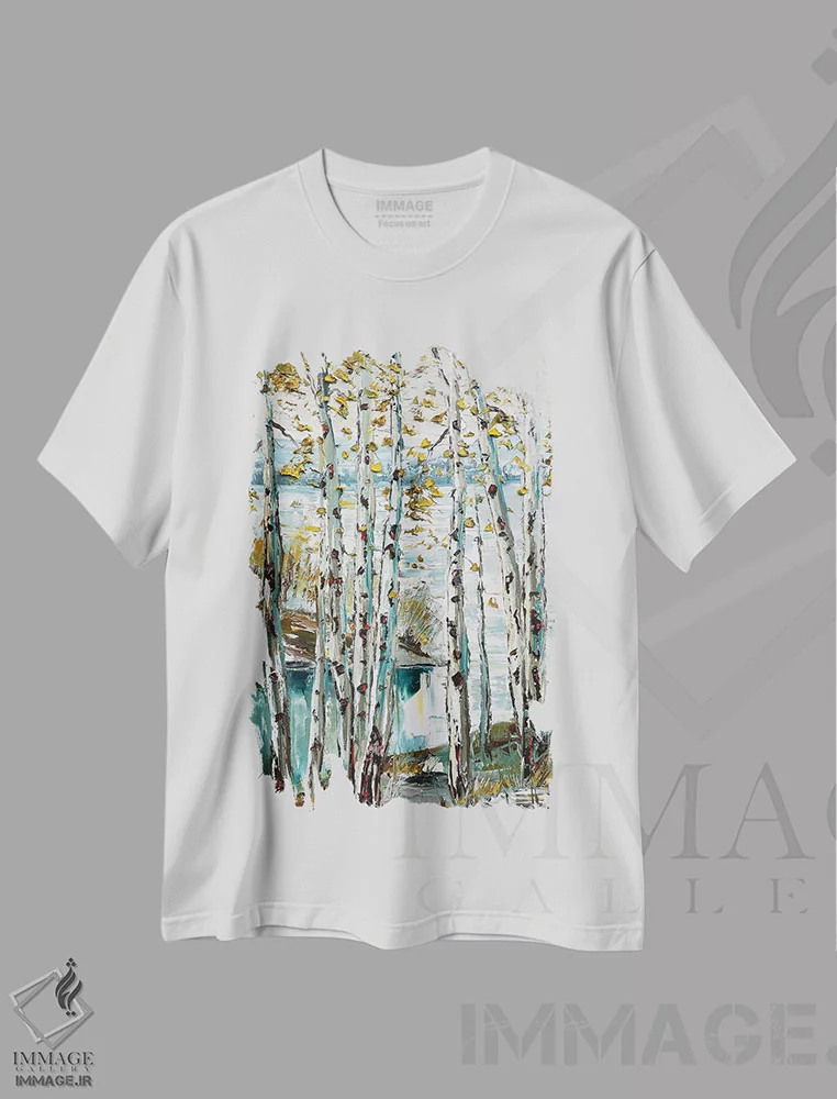 تیشرت سفید طرح دار رویای جنگل آبی، هنر فاخر معاصر اثر لیزا الی | فروشگاه ایماژ