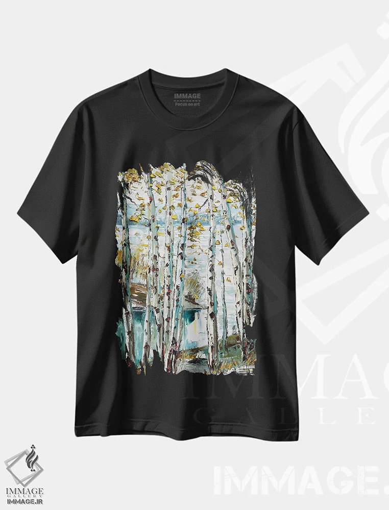 تیشرت مشکی طرح دار رویای جنگل آبی، هنر فاخر معاصر اثر لیزا الی | immage.ir