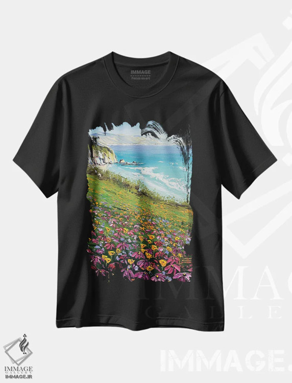 تیشرت مشکی طرح دار سعادت در ساحل، هنر فاخر معاصر اثر لیزا الی | immage.ir