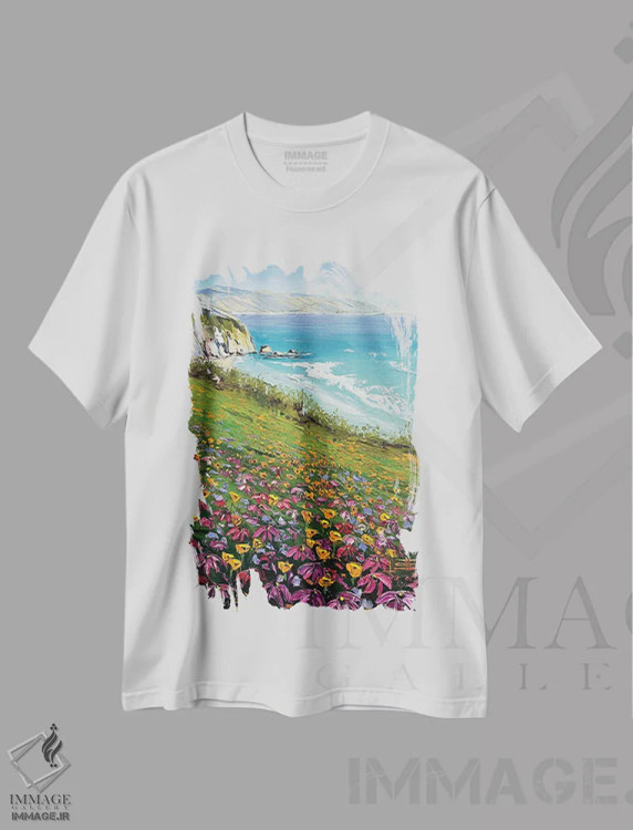 تیشرت سفید طرح دار سعادت در ساحل، هنر فاخر معاصر اثر لیزا الی | فروشگاه ایماژ