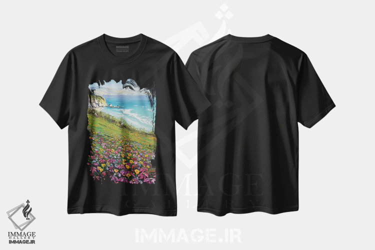 تیشرت مشکی طرح دار سعادت در ساحل، هنر فاخر معاصر اثر لیزا الی | immage.ir