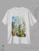 تیشرت سفید طرح دار رویای باغ سرشار از خوشی، هنر فاخر معاصر اثر لیزا الی | immage.ir